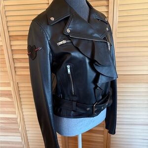 Valentino Black Leather Jacket with Ruffle Detail, new, made in Italy